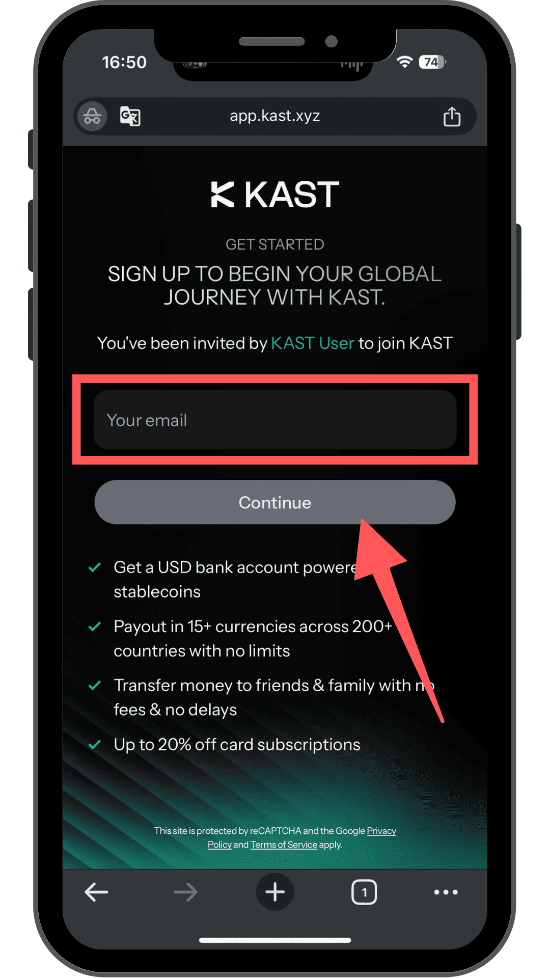 KASTの登録画面でメールアドレスを入力する