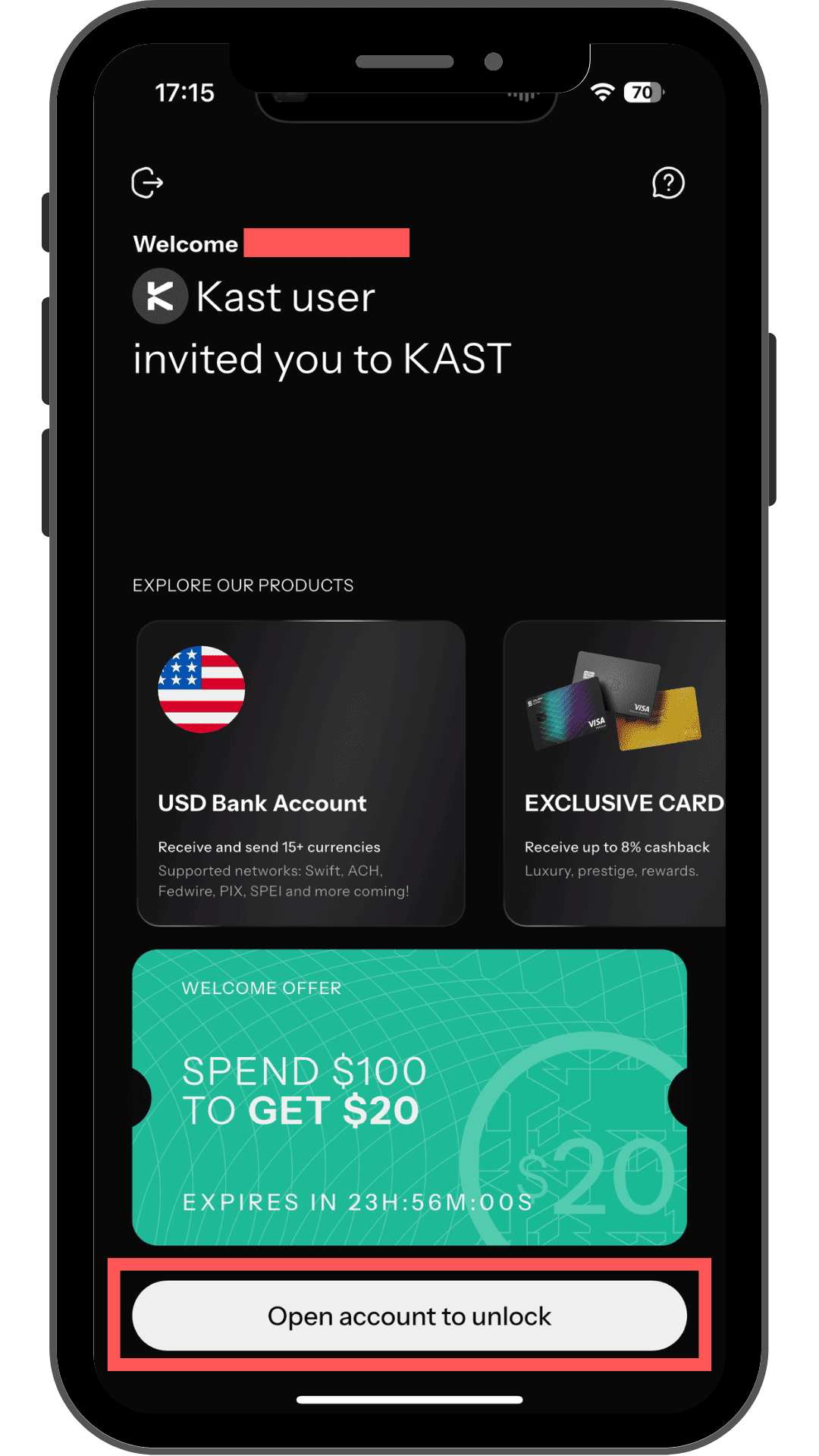 ホーム画面でOpen account to unlockをタップする