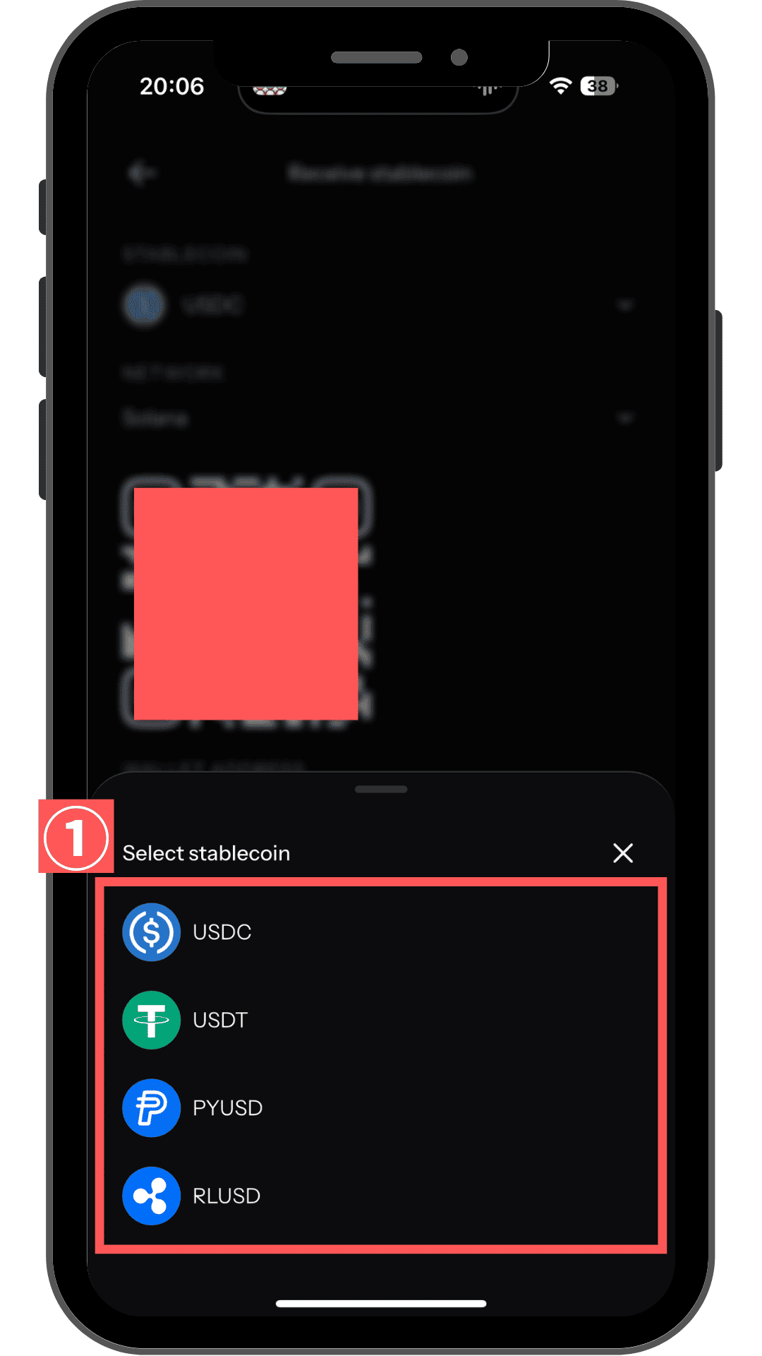 KASTで入金する通貨をUSDC・USDT・PYUSD・RLUSDから選ぶ